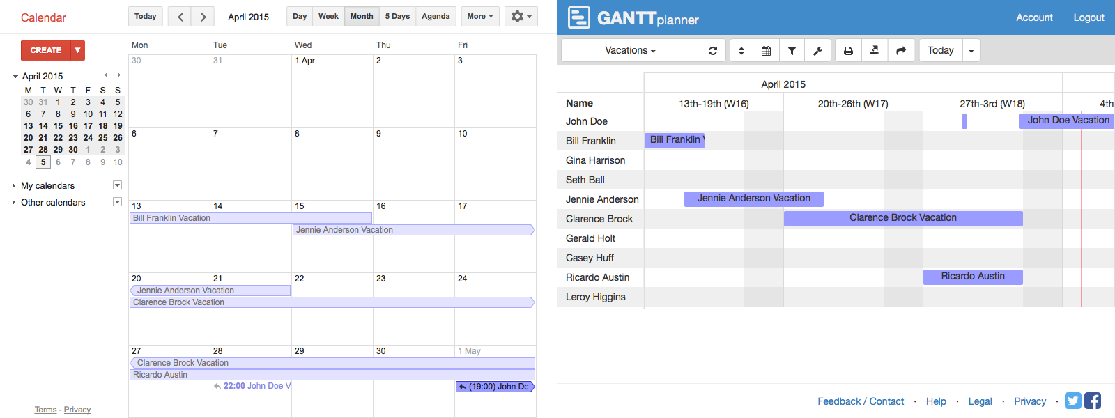 Calendar view in Google Calendar and in GANTTplanner